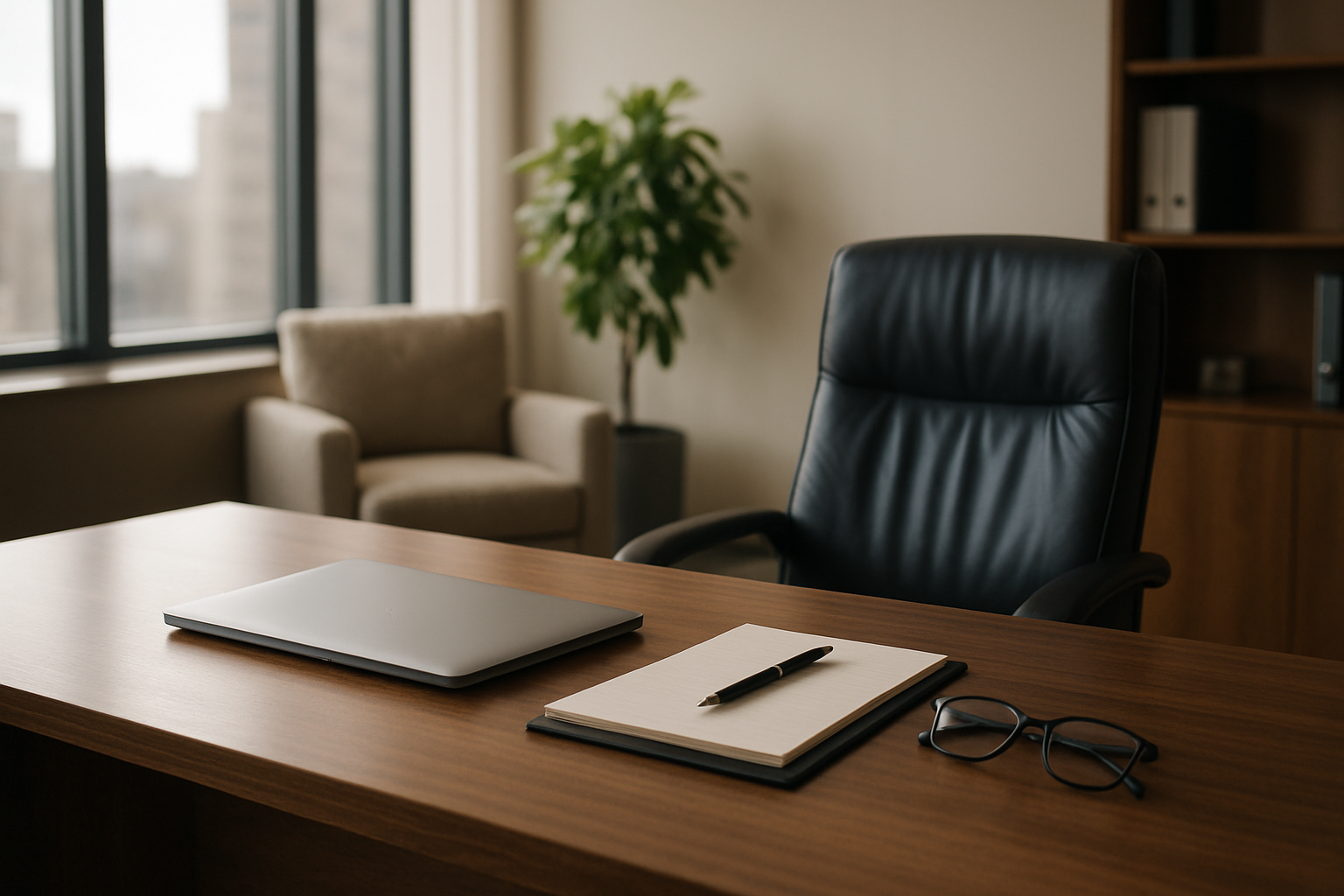 Mesa de escritório executivo organizada com laptop fechado, óculos e bloco de notas sob luz natural