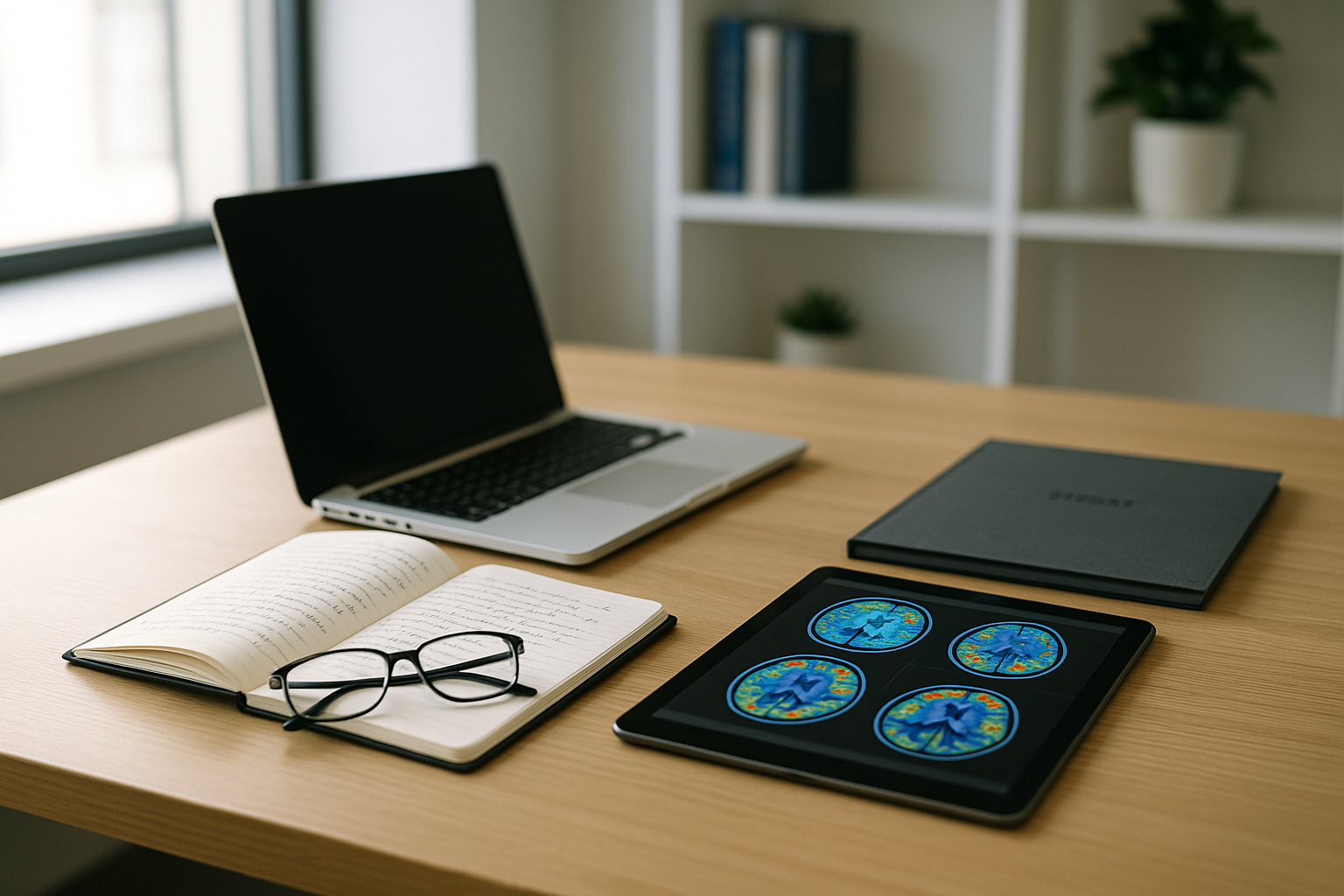 Mesa de trabalho executiva organizada com computador, tablet e material de apoio em ambiente elegante.